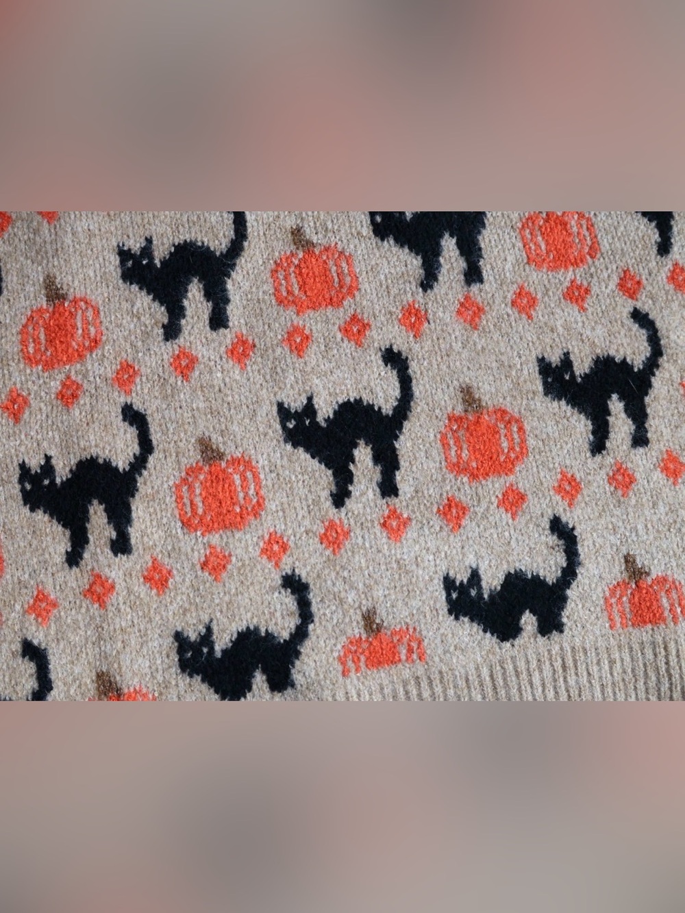 Spooky Tan Black Cat Orange Pumpkin Halloween Sweater Soft Knit Slouchy XL - Picture 3 of 16